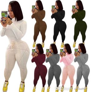 Womens High Collar Slim Suit Winter Rib Plush Sports Leisure Tracksuits Solid Color Two Piece Outfits