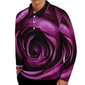 Herren Polos Blumendruck Casual Polo Shirt Purple Rose T-Shirts Langarm Grafik Herbst Streetwear Übergroße Tops Geburtstagsgeschenk