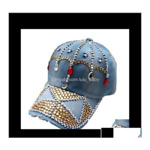 Ball Caps Ins Fashion Luxury Designer Colorf Diamonds Crystal Crown Blue Jeans Demin Baseball estivo per donne Ragazze Cappelli da sole Yhxhc Otxs4