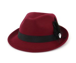 Kvinnor Wool Felt Roll Up Short Brim Homburg Fedora Hats med Feather Ribbon Fashion Ladies Jazz Cap Sombrero Trilby Hat8408876