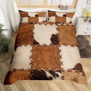 Bettwäsche-Sets, Rindsleder-Bettbezug-Set, King-Size-Bett, Patchwork-Kuhfell-Druck, Bauernhoftier, Mikrofaser, Steppdecke im Western-Bauernhaus-Stil, 221205