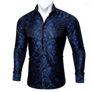 Camisas de vestido masculinas Barry.wang Fashion marinha azul paisley camisa de seda homens de manga longa flor casual para designer fit bcy-0051