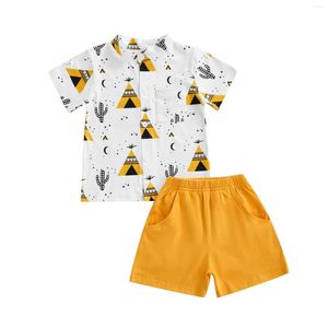 Clothing Sets 2022 0-5Y Kids Boy Gentleman Cactus Pyramid Printed Short Sleeve Tops Shirt Elastic Waist Solid Color Shorts Summer Set