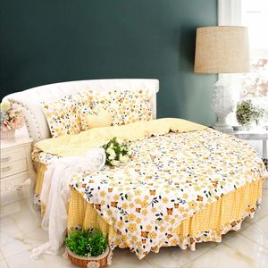 Set di biancheria da letto Letto rotondo con volant floreale giallo Lusso 4 pezzi Set Super King Size Puro cotone Europa COPRIPIUMINO Lenzuolo Federa