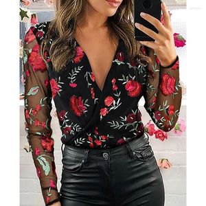 Women's Blouses Lace Office Shirts Female Summer Women Fashion Long Sleeve V-Neck Casual Tops Patchwork See-through Floral Embroidery