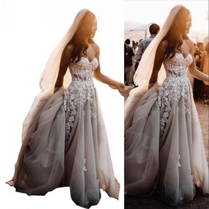 2023 VINTAGE A LINHE Vestidos de noiva Country Bohemia Summer Beach praia Sweetheart Sleeveless Lace Apliques Crystal Contas Split Tulle Tulle Formal Bridal Vestidos