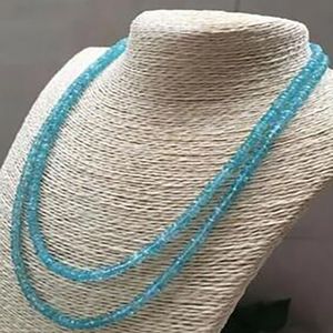 Fashion Jewelry 2 Rows Faceted 2x4mm Brazil Aquamarine Gems Beads Necklace 17-19''