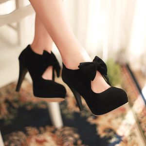 Buty ślubne Czarne okrągłe palce bowtie puste sztylet ślubne buty dla kobiet