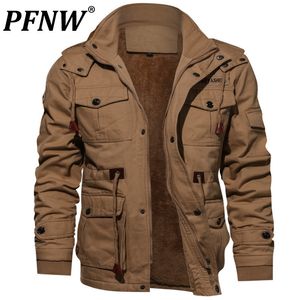 Mens Jackets PFNW Hooded Military Uniform Style Thickening Jacket Mens Autumn Winter Fleece Casual Tops Distressed Washed Coat Male 12A1966 221207