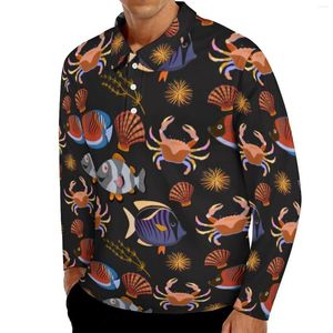 Men's Polos Aquatic Animal Casual T-Shirts Men Ocean Life Print Long Sleeve Polo Shirt Turn Down Collar Streetwear Daily Plus Size