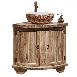 Bath Accessory Set Retro Solid Wood Washstand Arc Fan-Shaped Right Angle Corner Triangle Bathroom Cabinet Combination