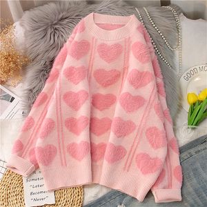 Frauen Pullover Rosa Pullover Frauen Herbst Winter Übergroßen Pullover Faux Nerz Kaschmir Lose Süße Herz Print Top A0240 221206