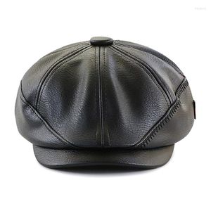 Berets High Quality PU Leather Sboy Caps Winter Warm Men Solid Casual Retro Beret Hats Octagonal Hat Fashion Flat