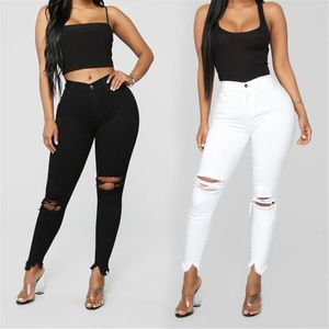 Женские джинсы Черно -белые разорванные для женщин Слим джинсовая джинсовая капуста.
