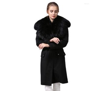 Женские траншеи Trench Coats Toping Mhnkro Long Black Women Luxury Fur Colm Poat с большим карманным ремнем