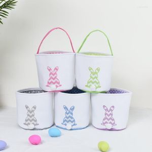 Gift Wrap Easter Striped Basket Festiv Canvas Printing Hink med plysch Toy Candy Tote Bag For Children Gifts SN4178