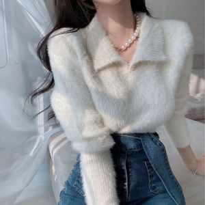 여자의 스웨터 푹신한 풀오버 여자는 칼라 단색 단색 한국 패션 긴 소매 풀오스 달콤한 소프트 스웨터 여성 드롭 221206