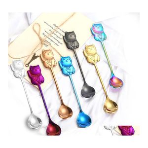 Spoons 304 Stainless Steel Dessert Spoon Money Cat Modeling Ice Cream Spoons Bar Blue Black Coffee Stir Tableware 4 2Xs L1 Drop Deli Dhin3