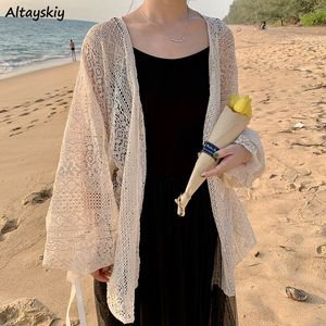 Malhas femininas tees cardigan women hollow thin verão de verão doce estilo ulzzang sólido sólido coreano femme simples chique diário mujer tops 221206