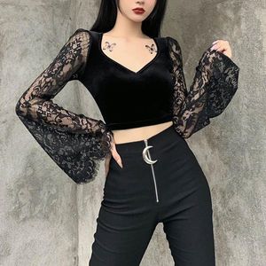 Women's Blouses Fashion Black Crop Top V Neck Solid Basic Hollow Lace Slim Women Long Sleeve Pullover