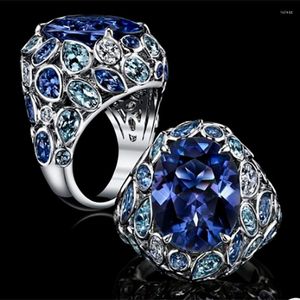 Anéis de casamento Moda Big Blue Stone Ring requintado oval mulheres CZ promessa noivado Acessórios para mulheres jóias de charme