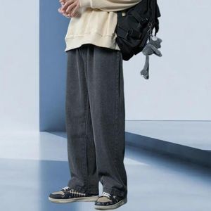 Men's Jeans Mid-rise Button Pockets Solid Color Men Fashion Hip Hop Straight Wide Leg Denim Pants Korean Style Street