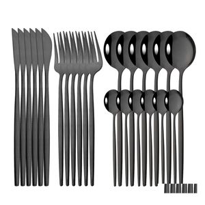 Dinnerware Sets 24Pcs Gold Stainless Steel Cutlery Set Knife Fork Spoons Home Party Cam Utensils Inventory Wholesale Drop Delivery G Dhqiv
