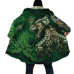 Męskie mieszanki wełny zimowe Męki Zapocz z kapturem Viking Tattoo Dragon 3D Printing Gruby polarny wiatr Breaker Unisex Casual Warm Hood Cloak DP03 221206