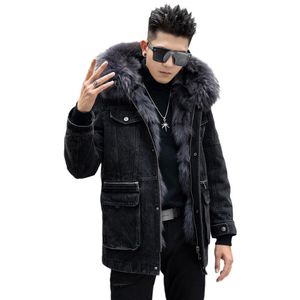 Men's Fur Jackets Real Fox Fur Parkas Outerwear Coats Warm Man Denim Jacket Thickened Classic Black Tops With Hood Windbreakers Plus Size Skinny Jeans XXL