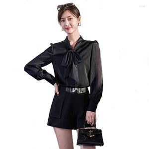 Blouses feminina 2023 Trend Fashion Chiffon Blouse para Mulheres da primavera Manga longa gravata borboleta vestir camisa preta branca