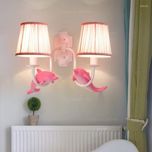 Wall Lamps Pink Lights With Fabric Shade For Kids Room Cute Blue Babys Decorative Dolphin Animal Sconce