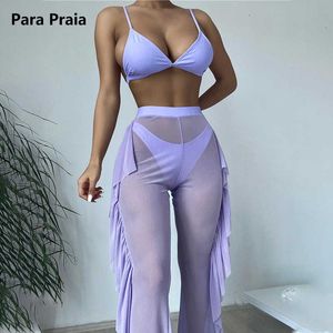 Bras Sets Para Praia 2021 Solid Three Pieces Swimsuit with Ruffle Pants Mesh Swimwear Women Bikini Female Sexy Bathing Suit for Women T221206