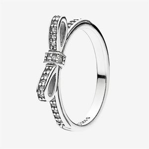 Clear CZ Diamond Classic Bow Ring Women Girls Summer Jewelry for Pandora Real 925 Sterling Silver Rings with Original Box233L