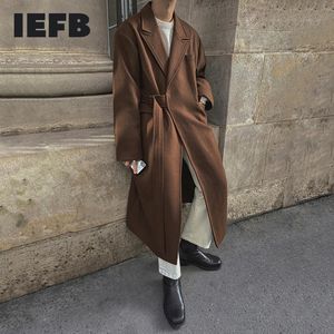 Herr ullblandningar IEFB Woolen och blandningar Coat Autumn Winter Mid Long Thicked Korean Trend Loose Overcoat Manlig bandage midja 221206