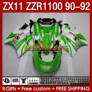 OEM-mässor för Kawasaki Ninja ZZR1100 ZX 11 R 11R 1990-1992 BODY 164NO.65 ZX-11 R ZZR 1100 CC ZX-11R ZZR-1100 ZX11R 90 91 92 ZX11 R 1990 1991 1992 Fairing Kit Green Stock