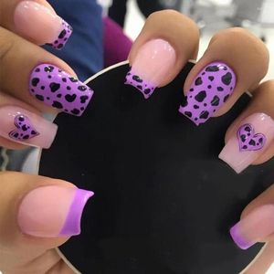 False Nails 24st Short Square Fake With Purple Leopard Love Heart Designs Press On DIY Manicure Nail Tips