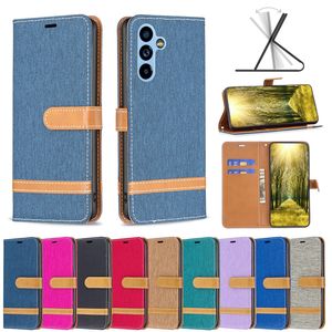 Jean Canvas Leather Wallet Case For Samsung S23 Plus A54 A34 5G A52 A72 A42 A21S S21 Ultra A12 A32 Xiaomi 13 Pro Hybrid Cloth Hit Flip Cover Pouch Strap
