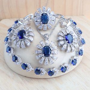 Pendant Necklaces Blue Zirconia Women Silver 925 Jewelry Sets Wedding Bridal Costume Jewellery Earrings Rings Stone Bracelets Set Pendant Necklace 221206