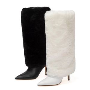 Design Shoes For Ladies Knee High Boots Natural Fur Winter Warm Pointed Toe Thin Heels Runway Booties