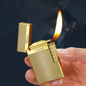 Novo cachimbo de tabaco oblíquo sílex isqueiro ping som à prova de vento jato gás butano isqueiro metal charuto isqueiro gadgets para homens