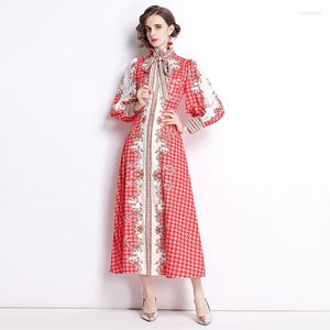 Casual Kleider Design Vogelgitter gedrucktes Hemdkleid Fashion Bow Single Breastted Button Up Luxury Party Red Maxi Long Sleeve