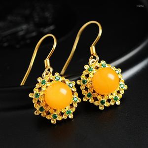 Orecchini pendenti 925 Argento-incrostato d'oro con incrostazioni d'oro Cera di miele Balled Ball Genuine Ambra Egg Face Earring Slick Match In