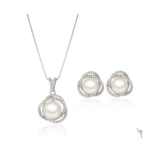 Ohrringe Halskette Zarte Perle Anhänger Ohrstecker Set 910 Mm Große Oblate Ohrring Für Frauen Mutter Jahrestag Geschenk Schmuck Highg Dh7Hb