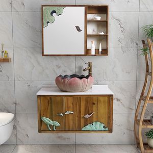 Badtillbeh￶r Set Antique Wash Basin Cabinet Combination Badrum Solid Wood Art Washstand Pool Liten l￤genhet