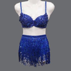 Belly Dance Skirt with Bra Top Stage Wear Sequins Tassel Hip Scarf Rave Festival Party Costume Outfits for Women S M L