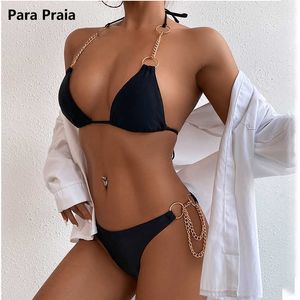 Bras Sets Para Praia Feminino Halter Bikini Metal Chain Swimsuit Mulheres Bandagem Swimwear Duas Peças Brasileiras Bikini Set Thong Banheira Terno T221206