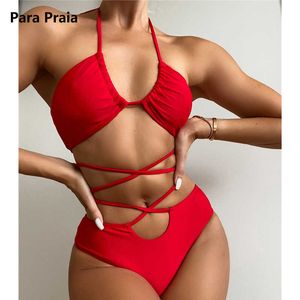 Bras sätter Para Praia 2022 Sexig röd halter Bikini Set Cross Bandage Women badkläder Hög midja baddräkt ihålig baddräkt Biquini T221206