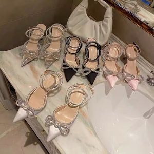 Klänning Skor lyxiga Designers Evening Slingback Satin Bow Pumps 6,5 cm Kristall-utsmyckningar strass skor spole Klackar sandaler för kvinnor