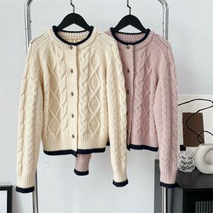 Women's Women Fashion Wool Tweed Knitted Thick Cardigans Color Block Golden Buttons Round Collar Sweaters Casual Clothes for Female