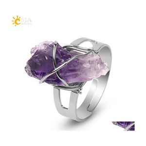 Con pietre laterali Csja Anello da donna Pietra naturale Irregar Crystal Sier Color Wire Wrapped Anelli aperti regolabili Reiki Fashion Jewelry P Dhf9K